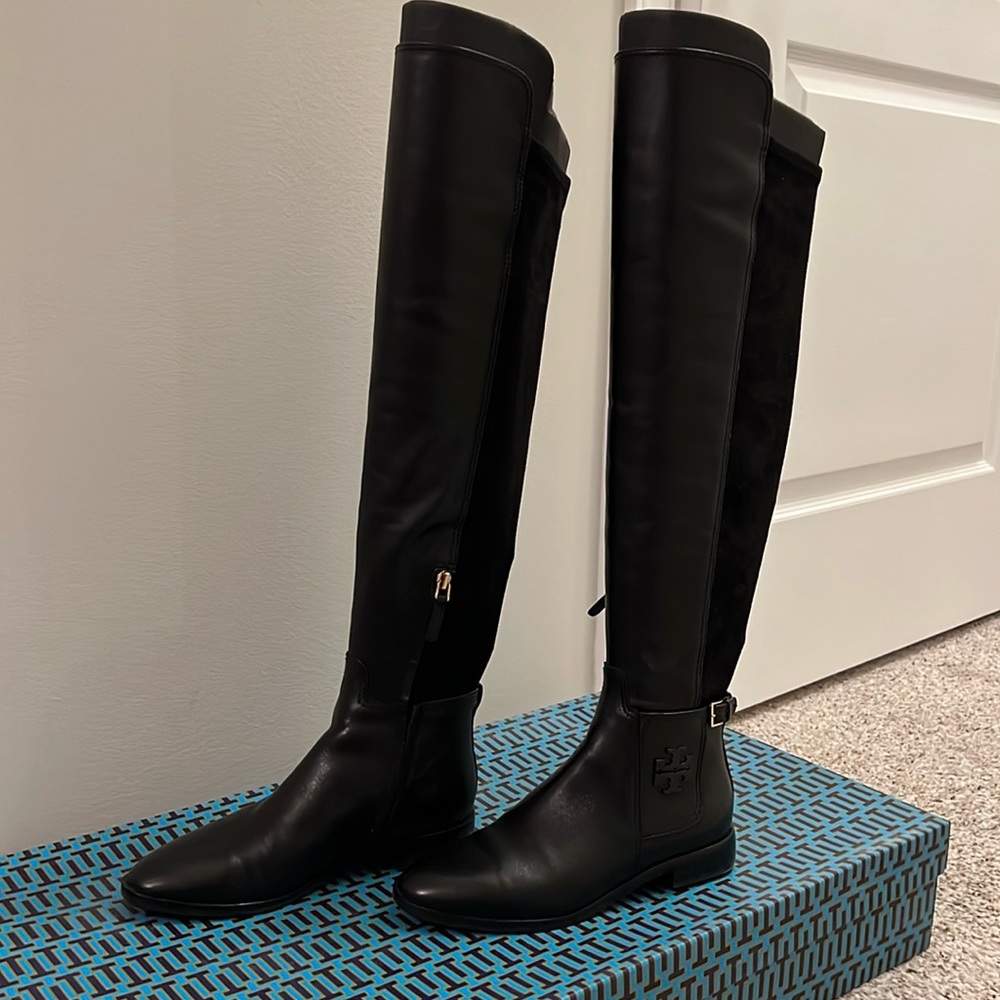 Tory Burch over the knee calf leatherstretch textile boot .Black.Like new Size 7